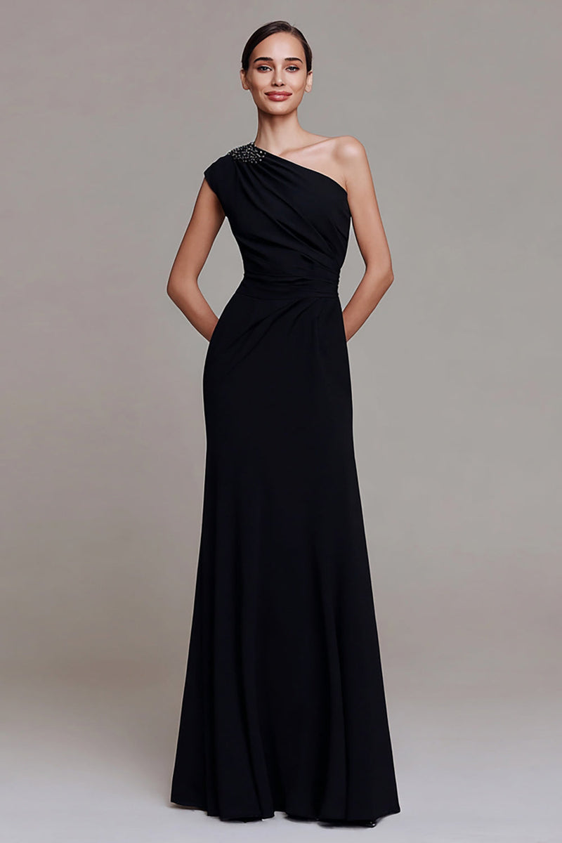 Load image into Gallery viewer, Sparkly Black Ruched Sheath One Shoulder Long Formal Dress with Beading