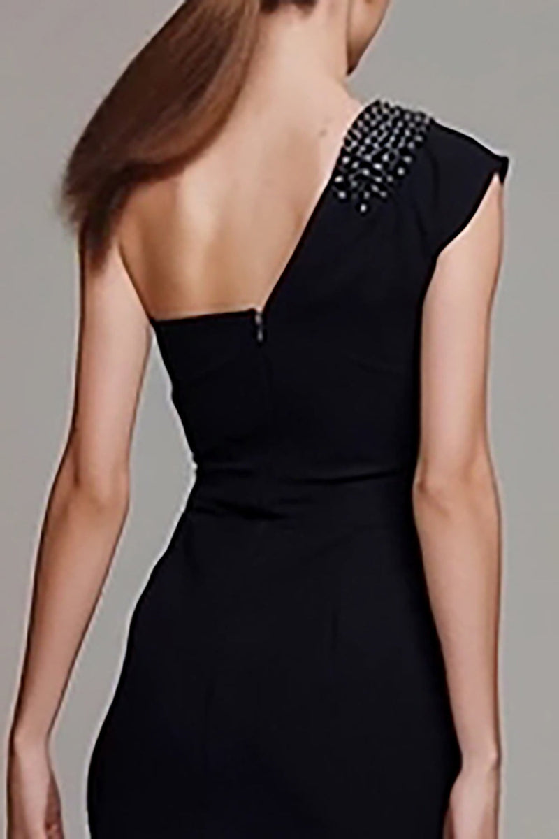 Load image into Gallery viewer, Sparkly Black Ruched Sheath One Shoulder Long Formal Dress with Beading