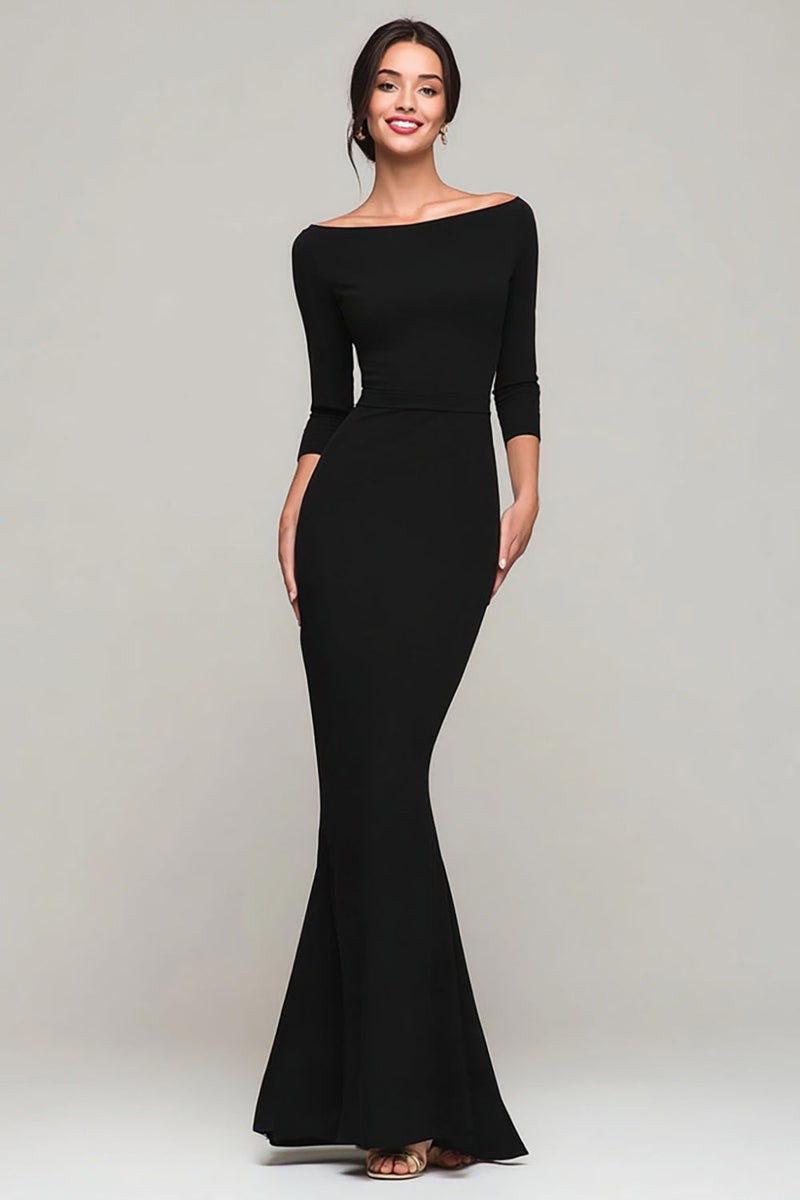 Load image into Gallery viewer, Black Mermaid Boat Neck Maxi Formal Dress with Sleeves