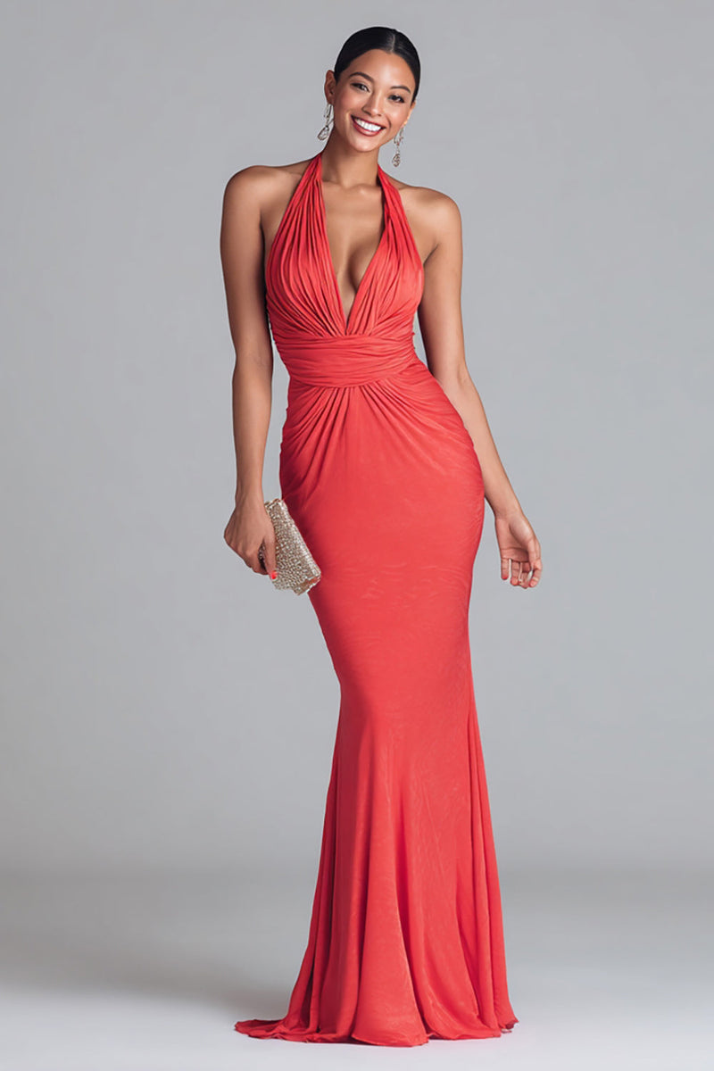 Load image into Gallery viewer, Watermelon Red Halter Mermaid Ruched Maxi Formal Dress