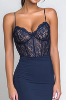 Load image into Gallery viewer, Navy Mermaid Spaghetti Straps Long Corset Formal Dress with Lace