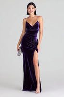 Load image into Gallery viewer, Purple Velvet Mermaid Spaghetti Straps Long Holiday Party Dress with Slit