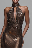 Load image into Gallery viewer, Sparkly Brown Mermaid High Neck Metallic Maxi Formal Dress