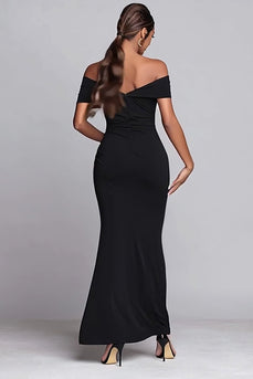 Black Mermaid Off the Shoulder Ruched Long Formal Dress with Slit