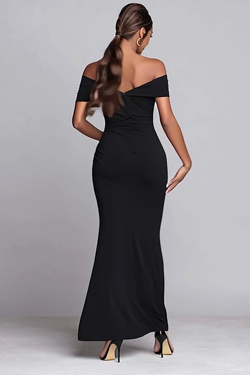 Load image into Gallery viewer, Black Mermaid Off the Shoulder Ruched Long Formal Dress with Slit