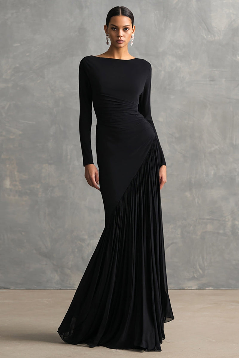 Load image into Gallery viewer, Women Black Maxi Formal Dress with Sleeves Chiffon Boat Neck Mermaid Black Tie Dress