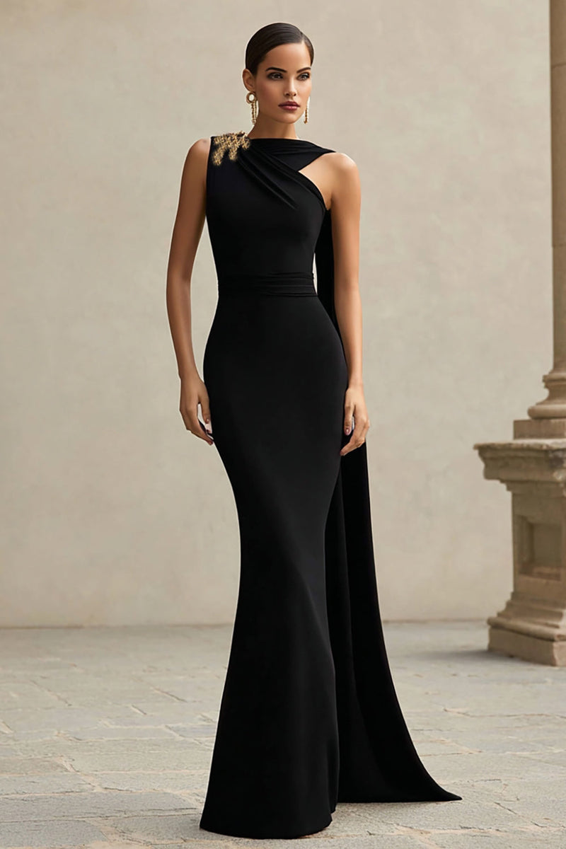 Queendancer Women Simple Black One Shoulder Long Formal Dress Mermaid Neck  Scarf Black Tie Dress – queendanceruk