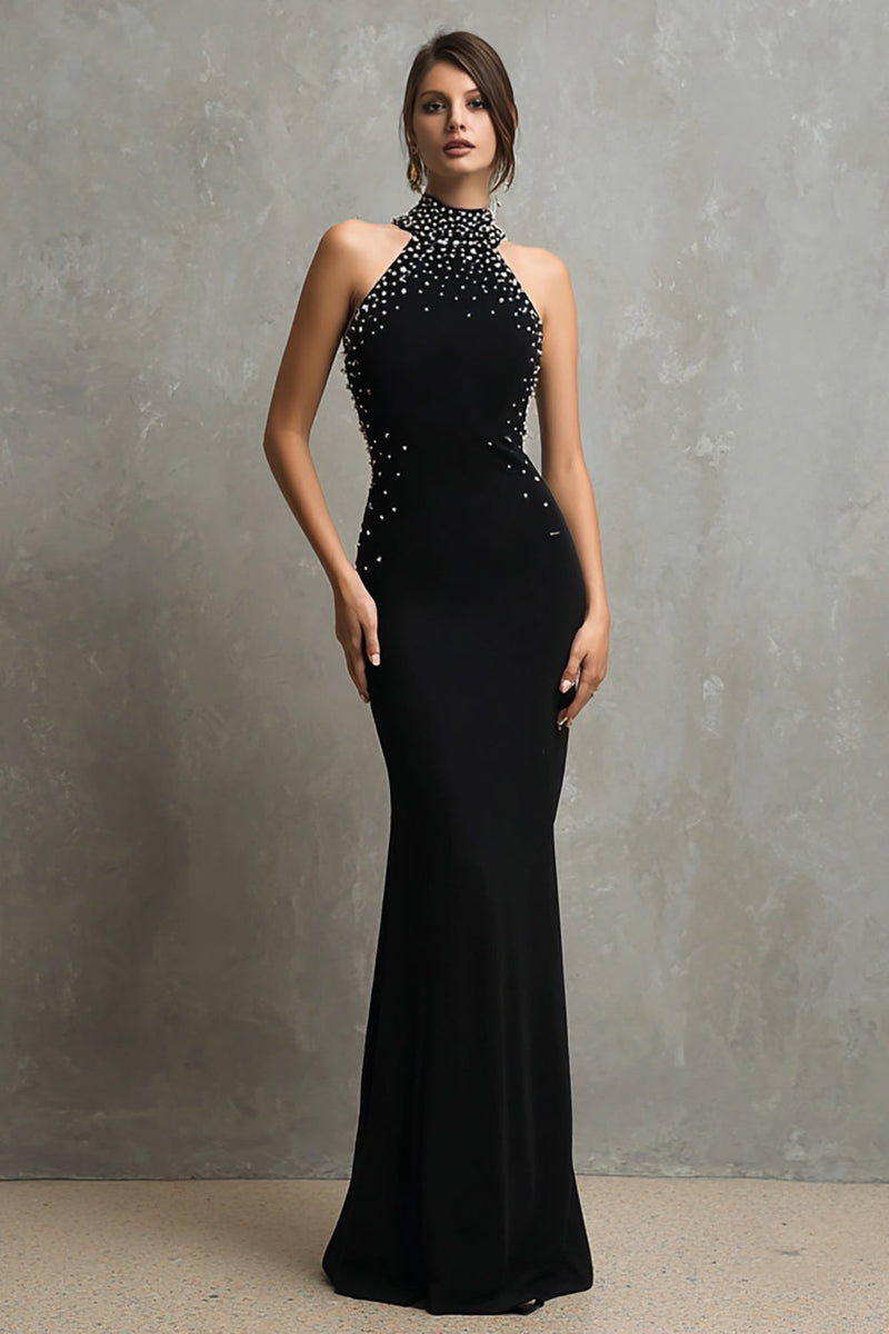 Load image into Gallery viewer, Sparkly Black Mermaid Halter Long Formal Dress with Beading