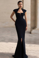 Load image into Gallery viewer, Black Mermaid Square Neck Cap Sleeves Long Formal Dress with Slit