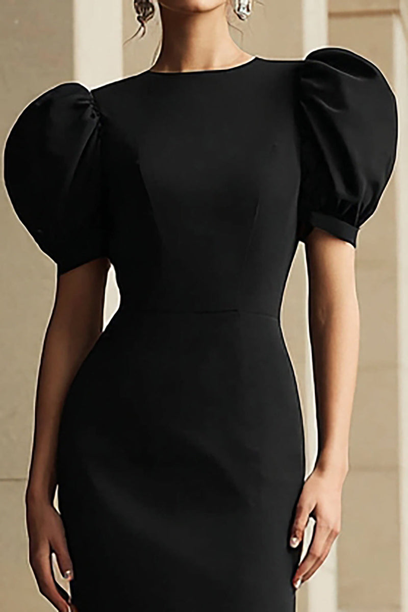 Load image into Gallery viewer, Black Bodycon Puff Sleeves Round Neck Tea Length Formal Dress