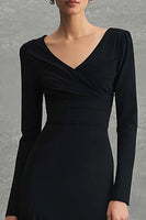 Load image into Gallery viewer, Black Pleated V-Neck Long Sleeves Formal Dress