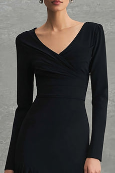 Black Pleated V-Neck Long Sleeves Formal Dress