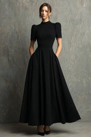 Load image into Gallery viewer, Women Black High Neck Maxi Formal Dress with Pockets A-Line Short Sleeves Black Tie Dress