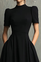 Load image into Gallery viewer, Black Short Sleeves A-Line High Neck Long Formal Dress with Pockets