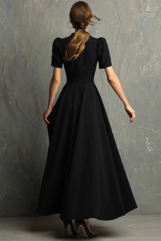 Black Short Sleeves A-Line High Neck Long Formal Dress with Pockets