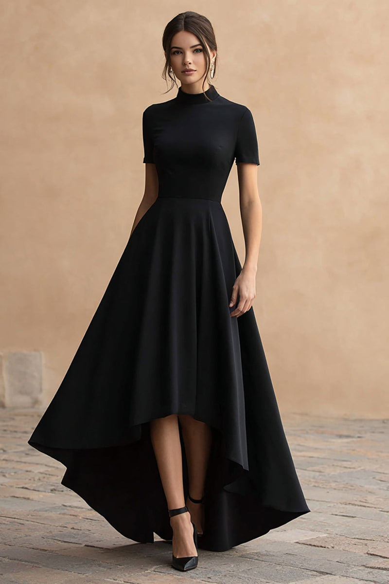 Load image into Gallery viewer, Black Satin High Neck Short Sleeves A-Line High-Low Formal Dress