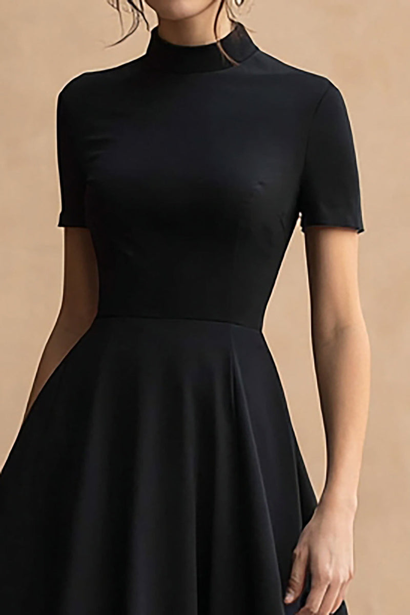 Load image into Gallery viewer, Black Satin High Neck Short Sleeves A-Line High-Low Formal Dress