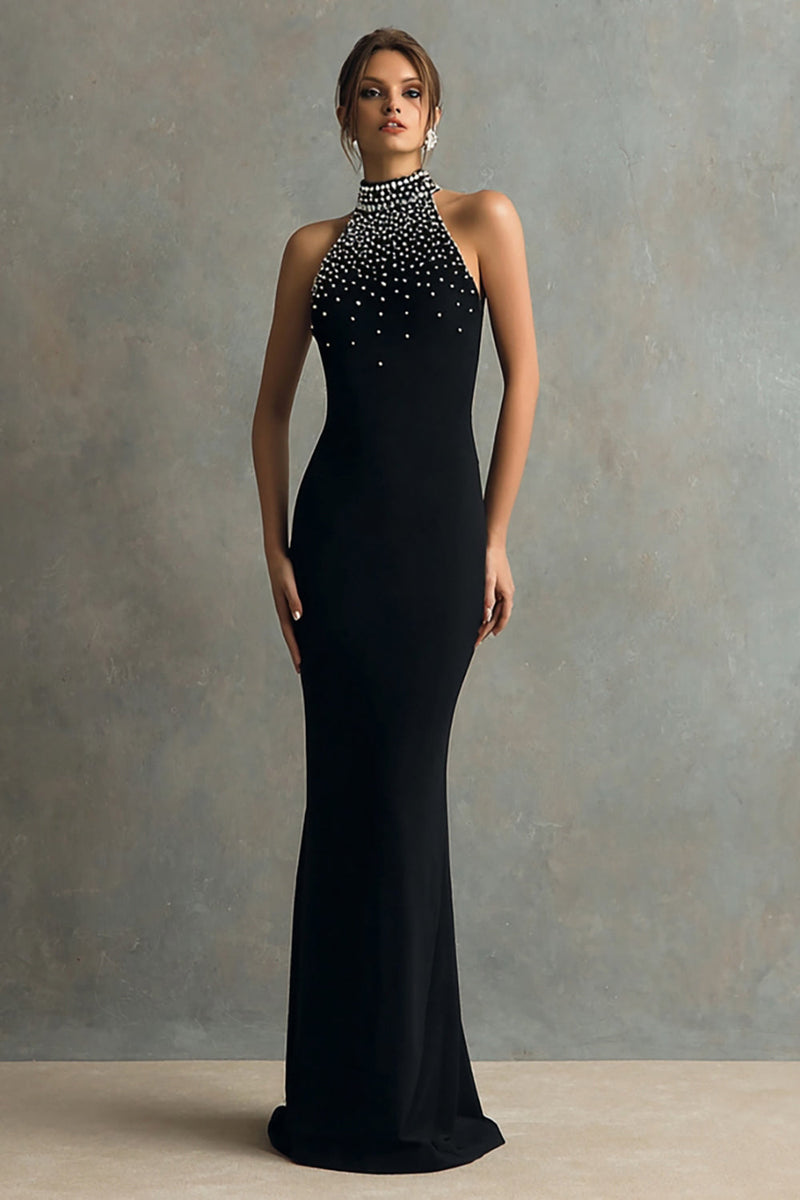 Load image into Gallery viewer, Queendancer Women Sparkly Black Long Formal Dress with Beading Halter Mermaid Black Tie Dress