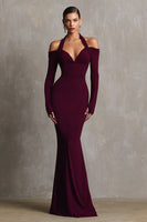 Load image into Gallery viewer, Burgundy Halter Mermaid Long Sleeves Formal Dress
