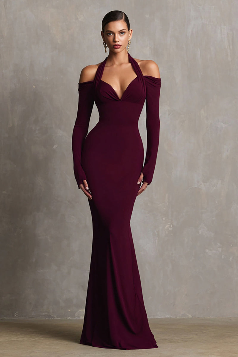 Load image into Gallery viewer, Burgundy Halter Mermaid Long Sleeves Formal Dress
