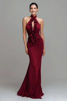 Load image into Gallery viewer, Burgundy Mermaid Halter Maxi Formal Dress with Ruffles