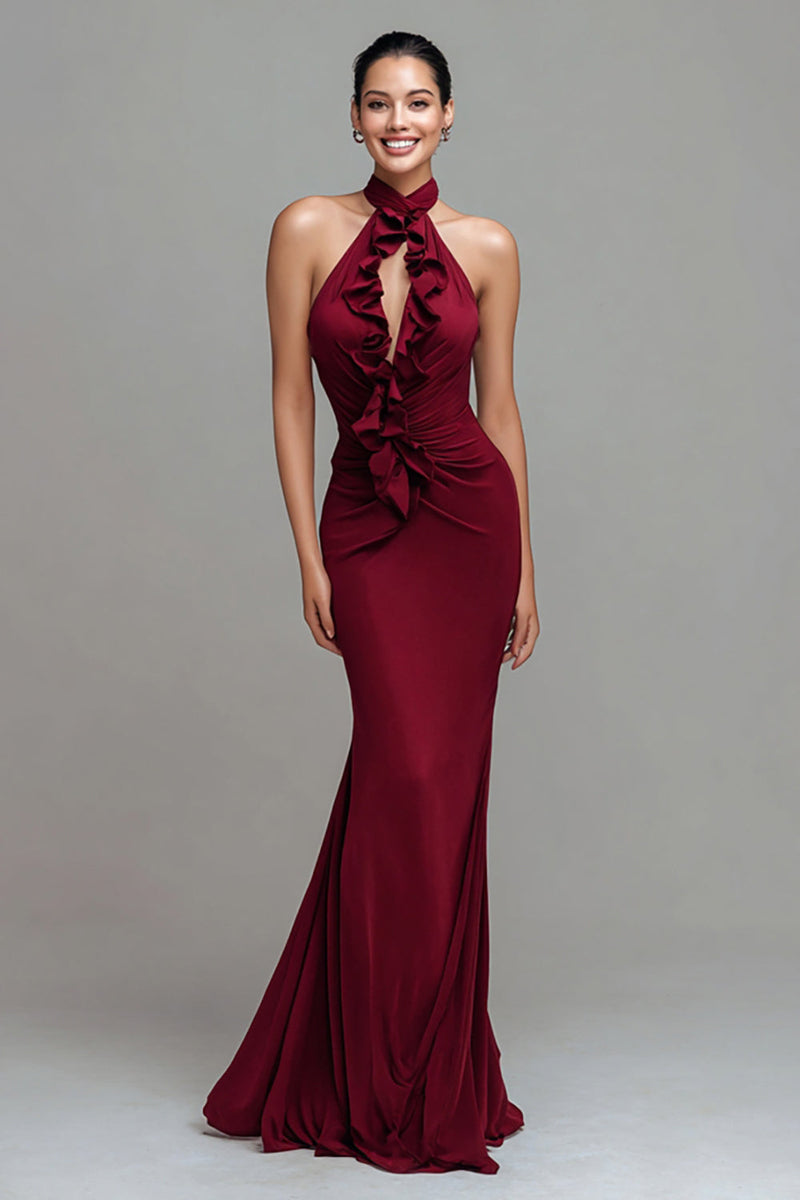 Load image into Gallery viewer, Burgundy Mermaid Halter Maxi Formal Dress with Ruffles