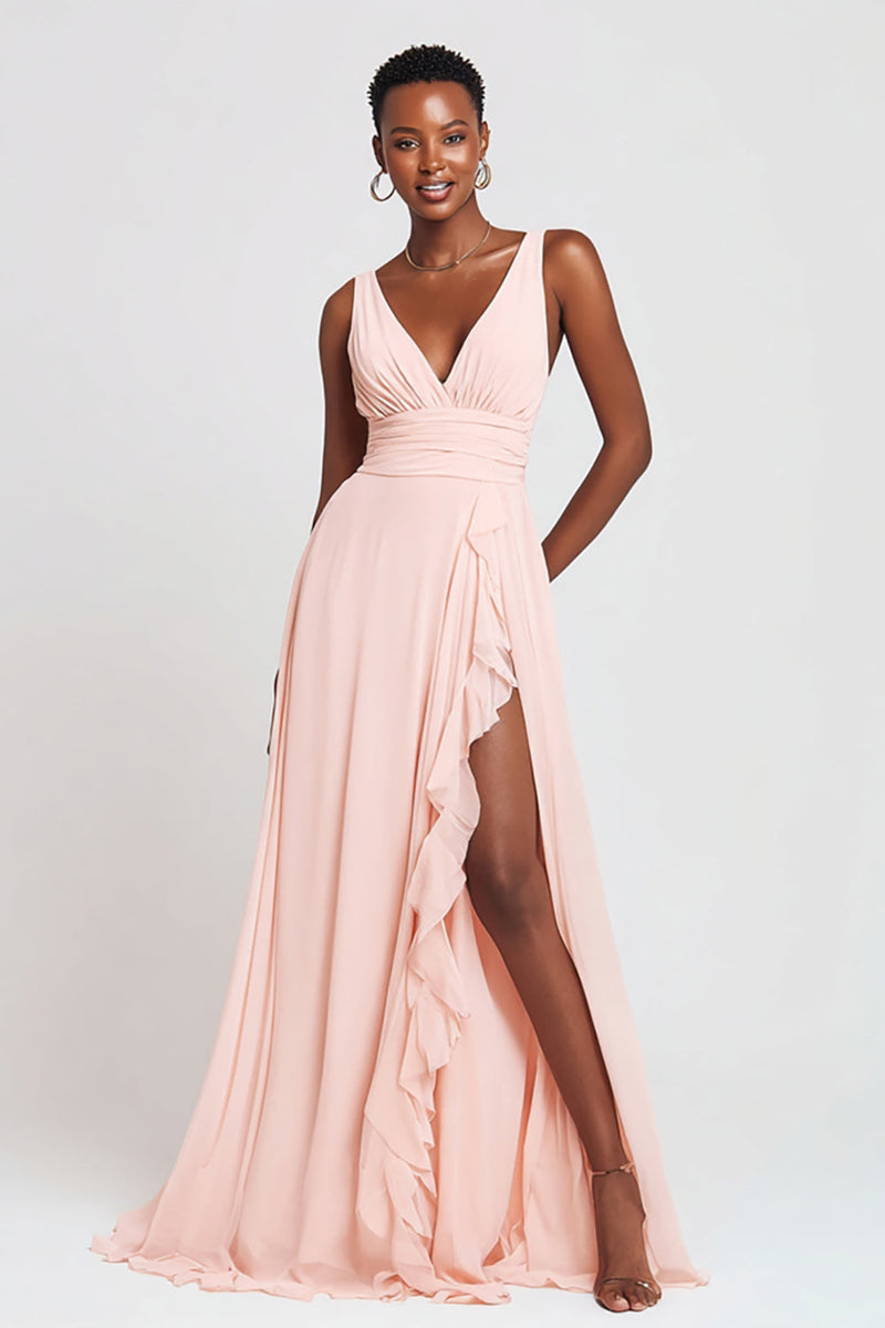 Load image into Gallery viewer, Pink Chiffon A-Line V-Neck Long Formal Dress with Slit