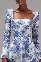 Load image into Gallery viewer, Blue and White Floral A-Line Square Neck Wedding Guest Dress with Sleeves