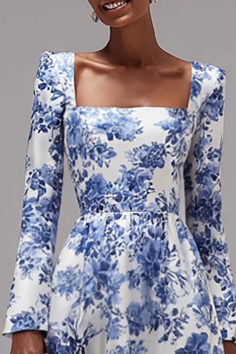 Load image into Gallery viewer, Blue and White Floral A-Line Square Neck Wedding Guest Dress with Sleeves