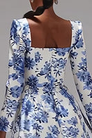 Load image into Gallery viewer, Blue and White Floral A-Line Square Neck Wedding Guest Dress with Sleeves