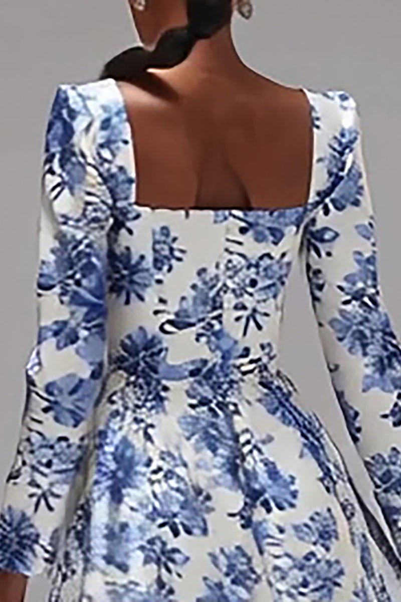 Load image into Gallery viewer, Blue and White Floral A-Line Square Neck Wedding Guest Dress with Sleeves