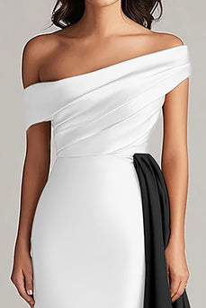 White and Black Off the Shoulder Satin Long Formal Dress with Ruffles