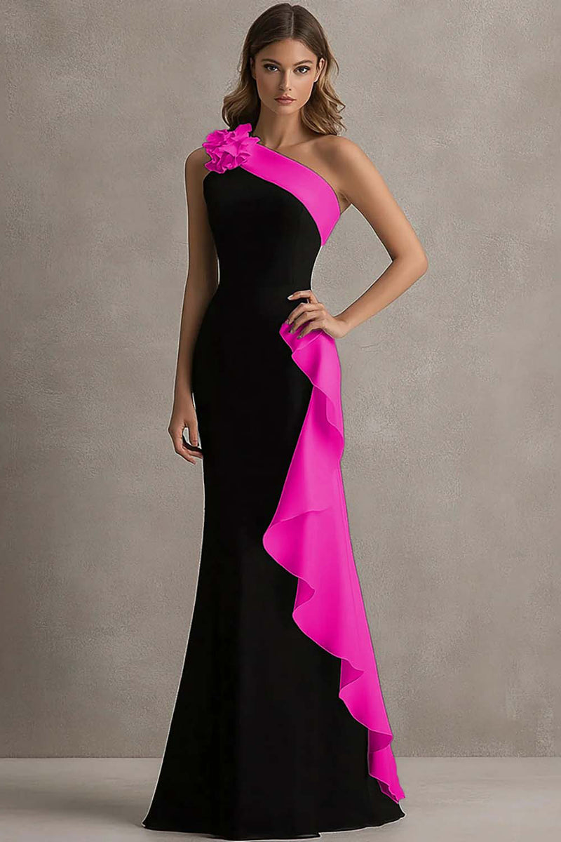 Load image into Gallery viewer, Black and Pink Satin One Shoulder Ruffled Long Formal Dress with 3D Flower
