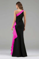 Load image into Gallery viewer, Black and Pink Satin One Shoulder Ruffled Long Formal Dress with 3D Flower