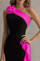 Load image into Gallery viewer, Black and Pink Satin One Shoulder Ruffled Long Formal Dress with 3D Flower