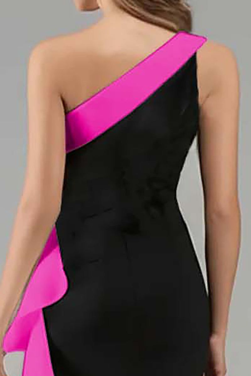 Load image into Gallery viewer, Black and Pink Satin One Shoulder Ruffled Long Formal Dress with 3D Flower