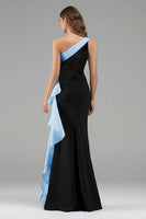 Load image into Gallery viewer, Black and Pink Satin One Shoulder Ruffled Long Formal Dress with 3D Flower