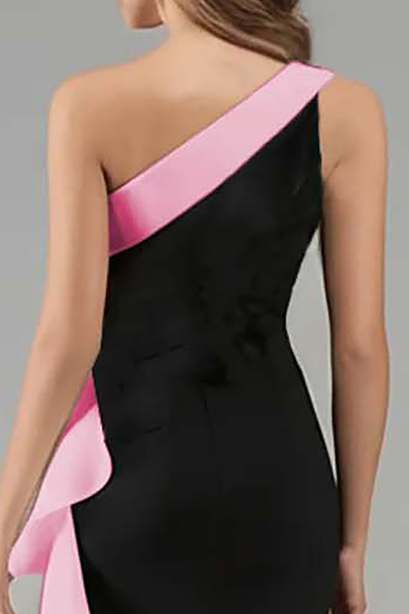 Load image into Gallery viewer, Black and Pink Satin One Shoulder Ruffled Long Formal Dress with 3D Flower