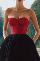 Load image into Gallery viewer, Black and Red Strapless Tulle A Line Long Corset Formal Dress