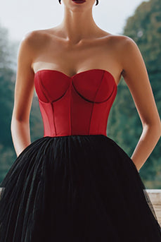 Black and Red Strapless Tulle A Line Long Corset Formal Dress