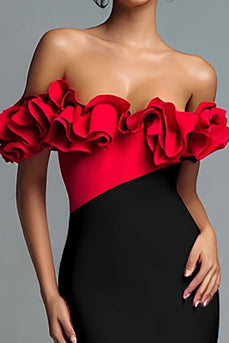 Black and Red Mermaid Off the Shoulder Ruffled Long Formal Dress with Slit