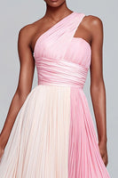 Load image into Gallery viewer, Pink One Shoulder A Line Chiffon Long Formal Dress with Pleats