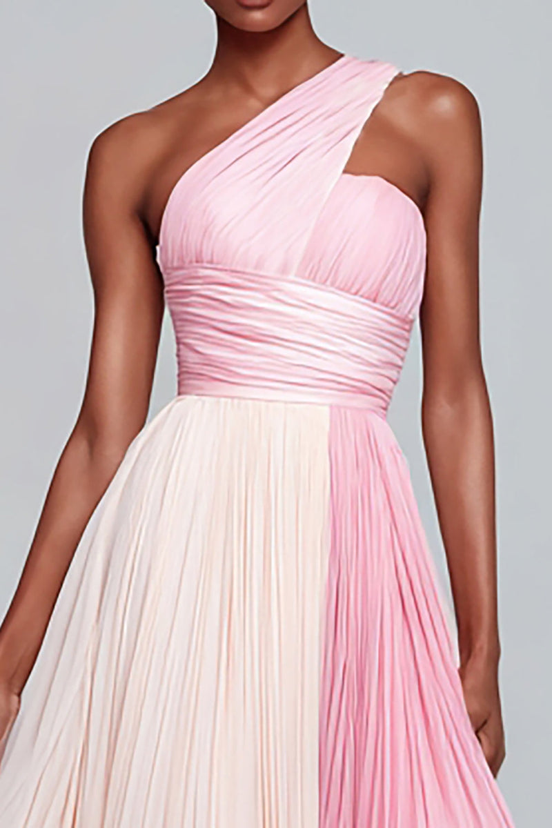 Load image into Gallery viewer, Pink One Shoulder A Line Chiffon Long Formal Dress with Pleats