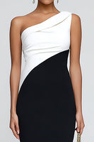 Load image into Gallery viewer, Simple Black and White Patchwork One Shoulder Maxi Formal Dress