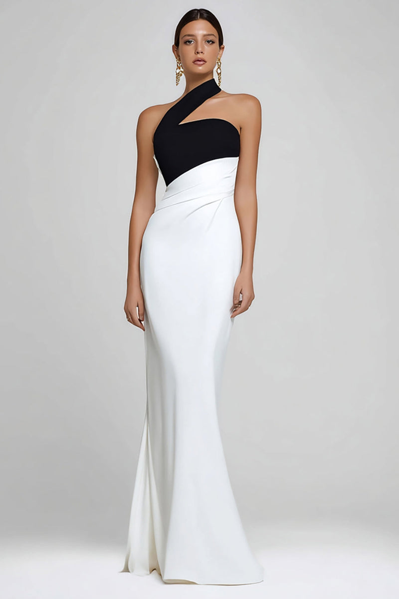 Load image into Gallery viewer, Simple Black and White One Shoulder Mermaid Maxi Formal Dress