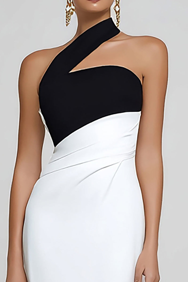 Queendancer Women Simple Black and White Long Formal Dress Satin
