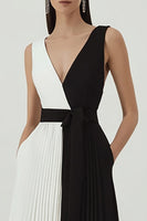 Load image into Gallery viewer, Black and White V-Neck A Line Pleated Long Formal Dress