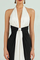 Load image into Gallery viewer, Black and White Ruched Deep V-Neck Sheath Long Formal Dress