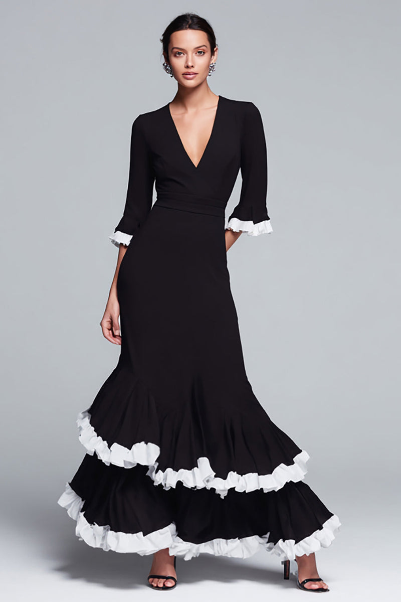 Load image into Gallery viewer, Black and White Ruffled V-Neck Tiered Long Formal Dress with Sleeves