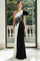Load image into Gallery viewer, Black and White One Shoulder Patchwork Long Formal Dress with Appliques